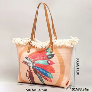 Fashion woven tote bag with fringe and ethnic feather print, large capacity travel handbag.