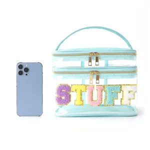 Bolsa de maquillaje transparente con letras de colores, neceser de viaje doble uso.