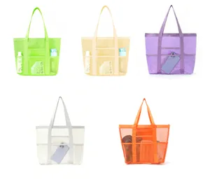 Large capacity mesh beach bag multi-color detail view, breathable tote for travel.