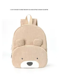 Cute corduroy cartoon bear backpack for students, large capacity casual daily school bag.