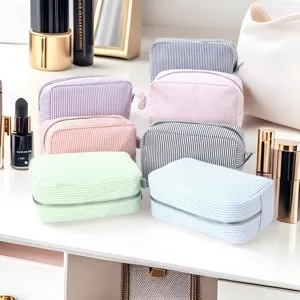 Tragbare Baumwolle Kosmetiktasche Gestreifte Kulturtasche Reise Make-up Organizer Reißverschluss Aufbewahrungstasche