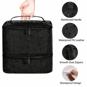 Double layer black geometric cosmetic bag with waterproof PU leather, sturdy handle and dual zippers.