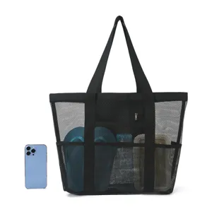 Black mesh beach bag large capacity travel tote shoulder bag with multiple storage pockets.