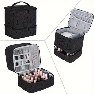 Double layer portable PU makeup bag large capacity nail polish storage organizer handbag
