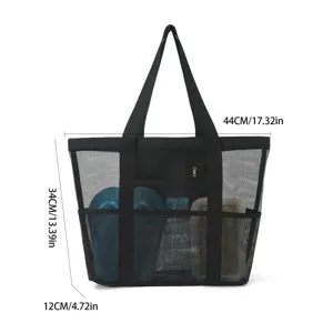 Large capacity black mesh beach tote bag with multi-functional pockets and clear size dimensions.