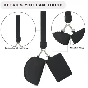 Portable black nylon wristlet pouch set with card holder and coin purse, mini bag.