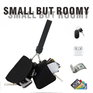 Portable mini wristlet pouch with strap for keys, cards, and coins storage detail view.