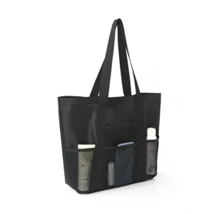 Black mesh beach bag large capacity travel tote shoulder bag for swimming gym waterproof.