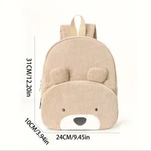 Cute corduroy bear backpack for students, stylish casual school bag with large capacity.