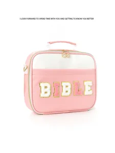 Pink large capacity Bible storage bag, portable shoulder book bag with letter design.