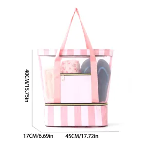 Grande borsa da mare in rete a righe rosa, borsa da nuoto da viaggio portatile.