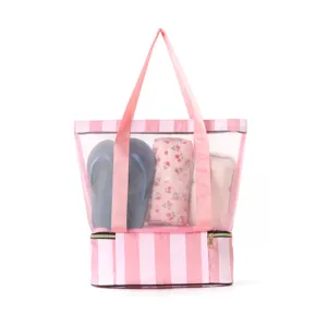 Borsa da spiaggia a doppia rete grande capacita borsa da nuoto portatile a righe rosa