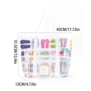 Großes Mesh Strandtasche mit mehreren Taschen und buntem Print für Sommerurlaub.