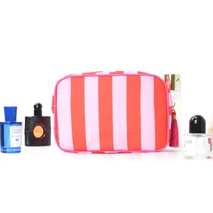 Striped makeup bag with cute tassel waterproof travel cosmetic organizer for women daily use