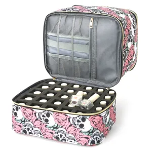 Borsa organizer per smalto a doppio strato custodia cosmetica con stampa teschi e rose