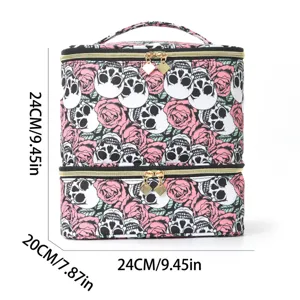 Borsa per trucco a doppio strato con stampa teschi e rose astuccio cosmetico portatile
