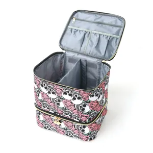 Borsa per trucco a doppio strato portatile con stampa di teschi e rose per viaggi.