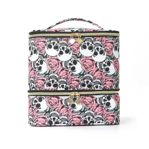 Borsa cosmetica a doppio strato portatile con stampa di teschi e rose, grande trousse.