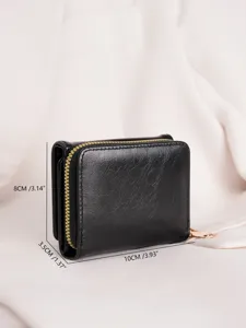 Black women's compact tri-fold wallet with zipper closure and detailed size view display.