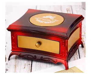 Vintage red music box jewelry storage box with gold drawer, creative gift for girls and kids.