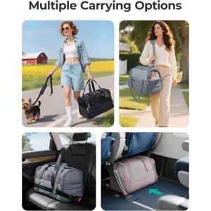 Foldable pet carrier bag with multiple carrying options, breathable mesh for travel, grey.