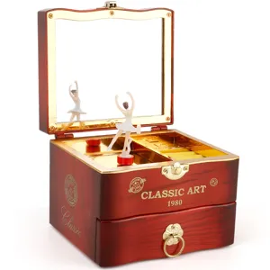 Wooden ballerina music box with drawer mirror vintage jewelry storage organizer gift box