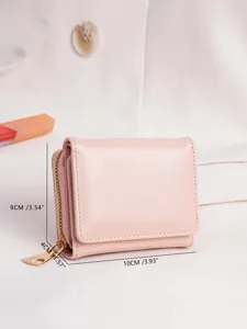 Women trifold wallet pink leather zipper coin purse card holder compact daily accessory
