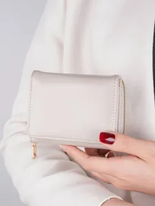 Compact women trifold wallet coin purse minimalist card holder with zipper beige