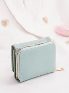 Women's tri-fold wallet sage green PU leather compact zip coin purse card holder cash organizer