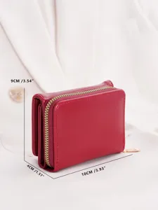 Red women trifold short wallet with zipper, compact PU leather coin purse card holder.