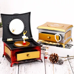 Retro ballet music box jewelry storage box with rotating dancer and drawer for girls.