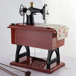Vintage sewing machine music box retro wooden desktop ornament home decor gift idea