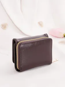 Compact women's trifold wallet in dark brown with secure zipper coin pocket and card slots.