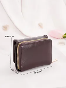 Compact women trifold leather wallet with secure zipper coin pocket and card holder