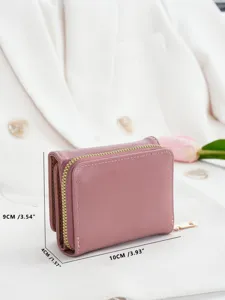 Pink tri-fold wallet for women with zipper coin pocket, compact design, durable PU leather.
