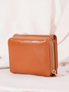 Brown leather trifold wallet for women featuring a secure zipper coin pocket and card slots.