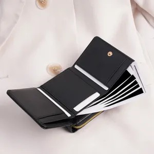 Women trifold wallet black leather coin purse card holder compact cash organizer zipper pocket.