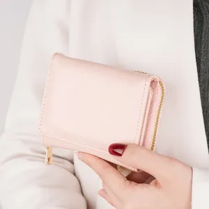 Women trifold short wallet pink PU leather zipper coin purse compact card holder cash case