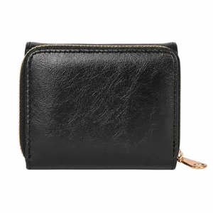 Women trifold wallet black leather zipper coin purse card holder chic compact cash organizer