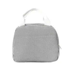 Simple grey and white striped lunch bag, large capacity portable bento tote for daily commute work.