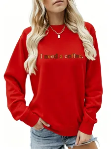 Damen lässiger roter Langarm Pullover mit lustigem Kaffeebuchstaben Druck für Alltag.