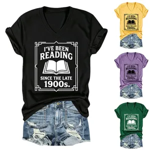 Women V Neck Short Sleeve T Shirt Casual Summer Book Lover Graphic Tee Top Outfit