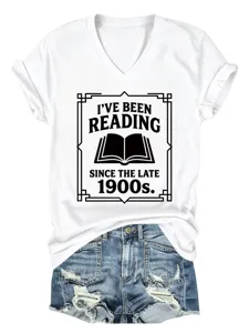Women casual V-neck short sleeve T-shirt with vintage reading graphic print, comfortable top.