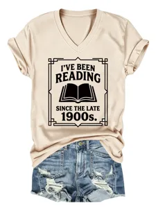 Casual women's beige V-neck short sleeve t-shirt featuring a vintage book reading graphic print.