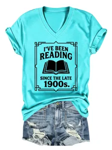 Women's casual V-neck short sleeve graphic print T-shirt detail showing soft fabric.