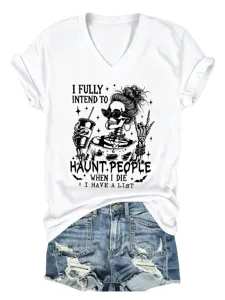 Casual wit damestshirt met V-hals en korte mouwen met grappige skeleton grafische print top.