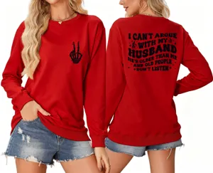 Detailed view of a red long sleeve sweatshirt featuring funny text print on the back.
