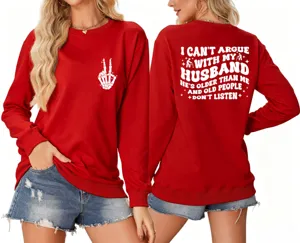 Red graphic long sleeve sweatshirt for women with humorous back quote and skeleton print.