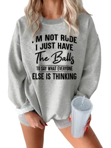 Felpa donna casual girocollo manica lunga spessa calda grigia con top stampa slogan