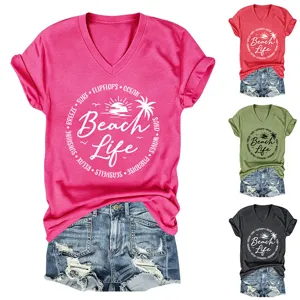 Women casual V-neck short sleeve T-shirt with beach life print and denim shorts.